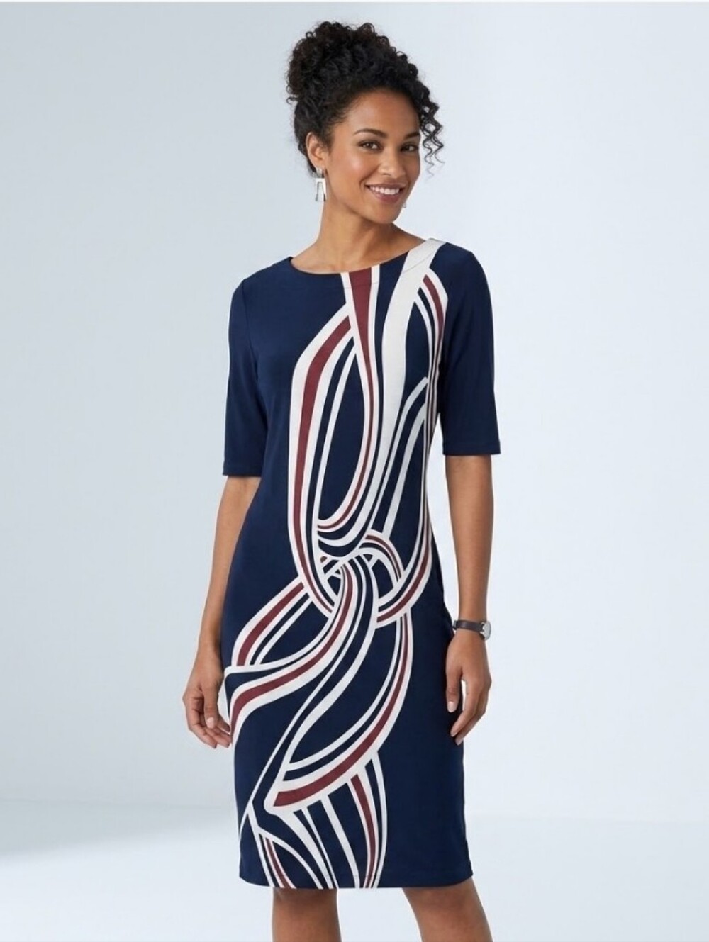 Chico's 1 Stretch Dress 1 Slinky Navy Brown White Abstract Short Sleeve Shift M